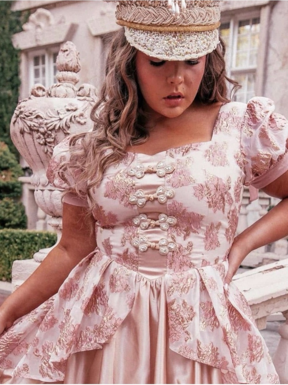 JessaKae Blush Pink Brocade Midi Dress with Puff Sleeves 4x